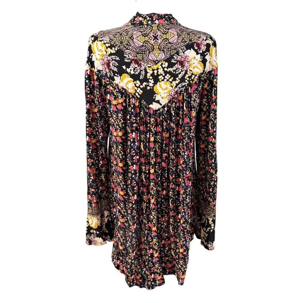 Free People Floral Paisley Mixed Print Tunic Top Bell Sleeve Boho Indie SZ Small